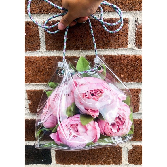 Clear Vinyl Bucket Bag | Crossbody Shiny Cord Stadium Bag - Picture 2 of 7